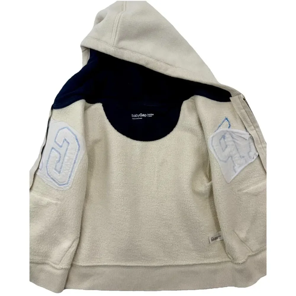 babyGap Toddler 3T Cream Zip Hoodie Blue Logo Letters Fleece‎ Lined EUC